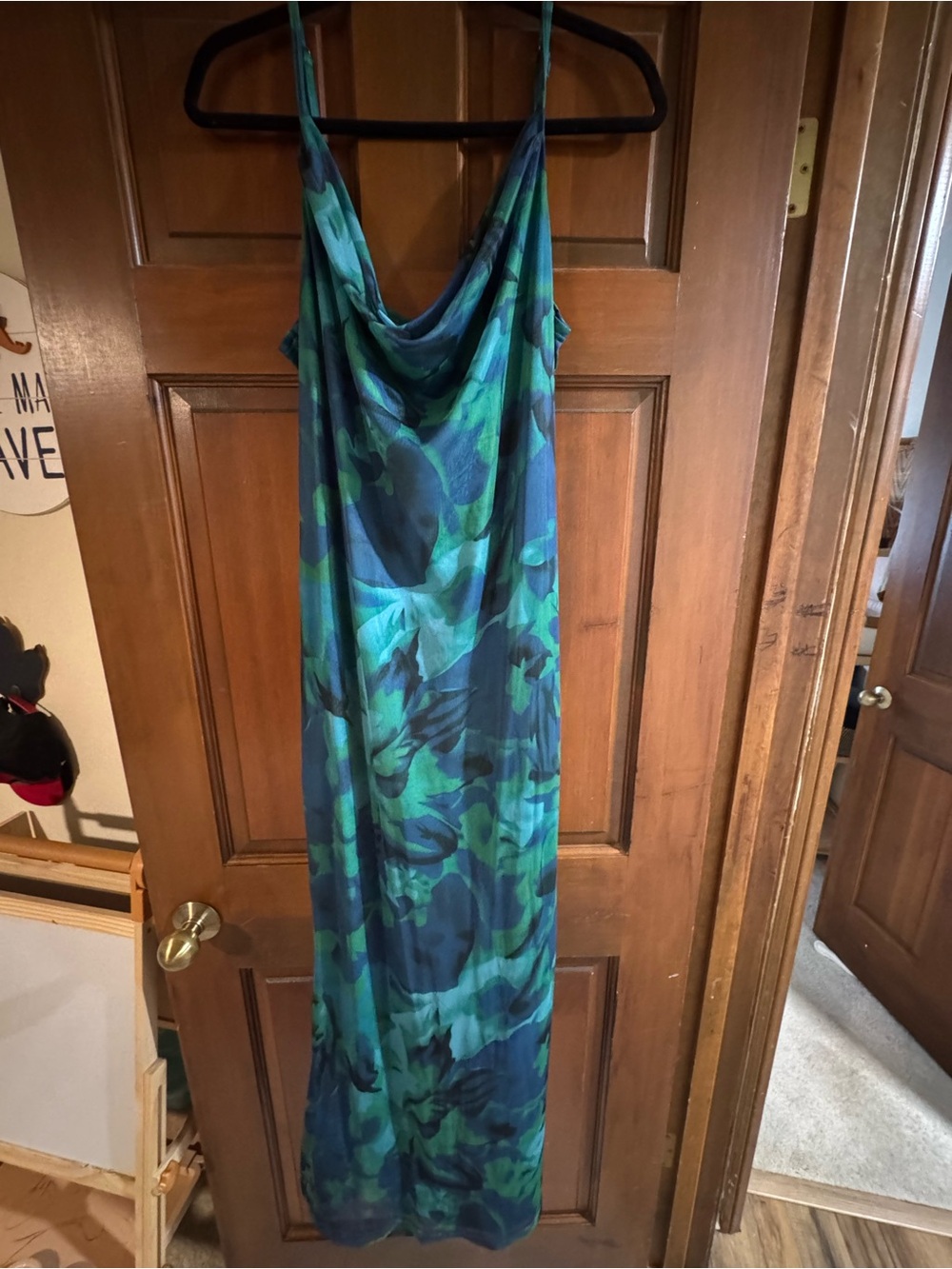 Blue-Green Floral Cowl Neck Maxi Dress